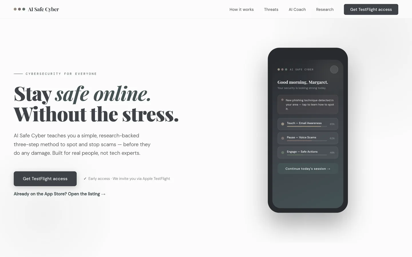 The AI Safe Cyber homepage — the app's Touch, Pause, Engage training modules shown on a phone.